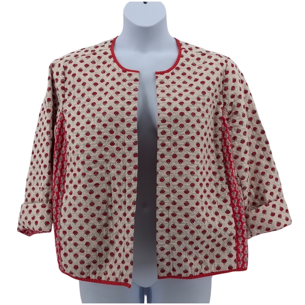 J. Jill Cotton Quilted Jacket Women XL Red Floral Block Print Boho Open Front
